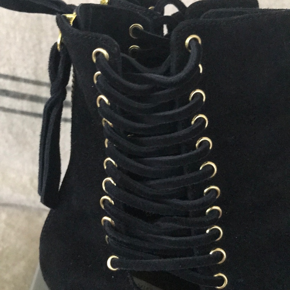 Cynthia Vincent Black Suede Lace-up Booties-Gold Hardware - Picture 3 of 7